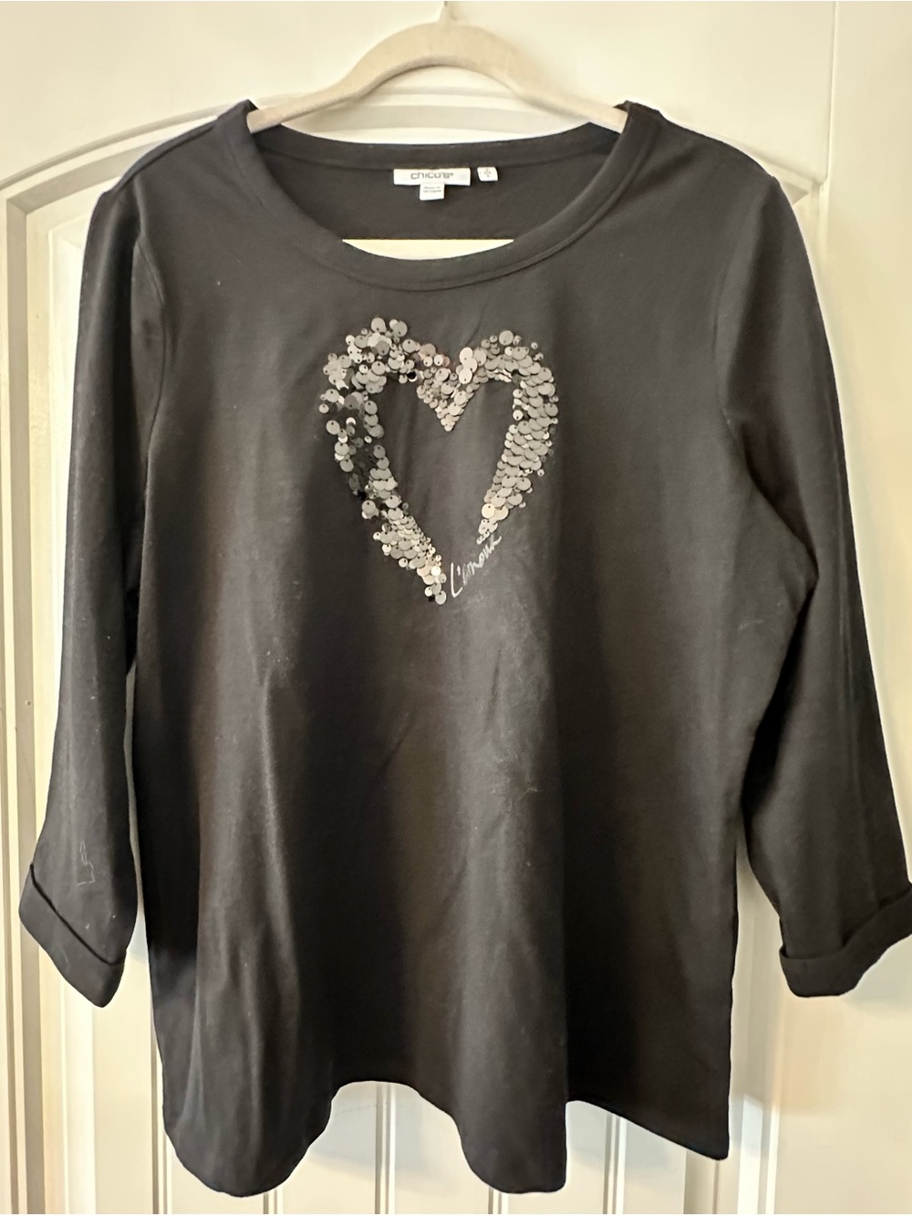 NWOT! Chico's Black Sequin Heart Sweatshirt